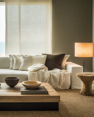 Cozy living room with neutral decor, natural light from window, and inviting ambiance