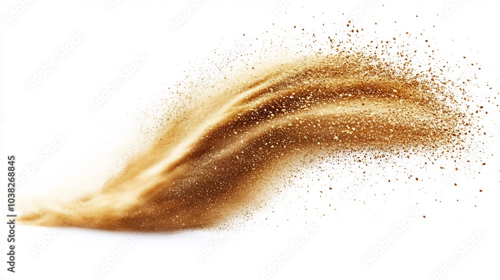 Poster dynamic explosion of golden sand isolated on a white background forming an abstract cloud wave as gr