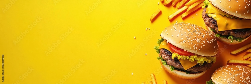 Poster brightly illustrated burgers and fries set against a cheerful background create a tempting invitatio