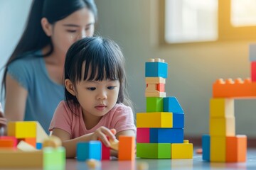 A Vietnamese mother and her daughter playing together with colorful building blocks in a sunlit room during a playful afternoon