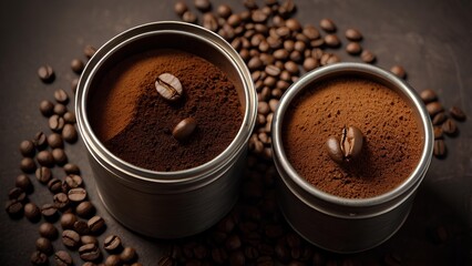 Coffee powder and coffee beans kept in a metal container