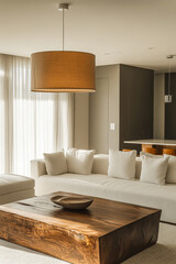 Modern living room with a large wooden coffee table and cozy seating in a bright, airy space