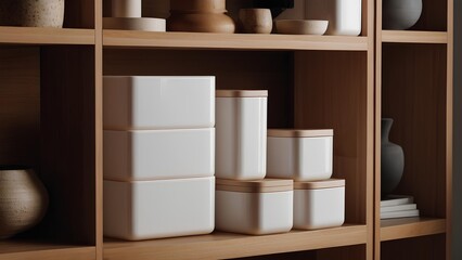 Rectangular white plastic container keeping the shelf tidy and organised