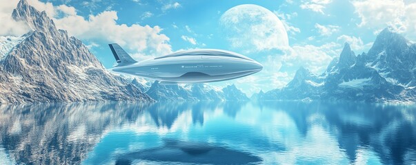Futuristic spaceship flying over a snowy mountain range with a bright blue sky and white clouds.
