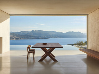 Obraz premium A modern dining area with a scenic view of mountains and a serene body of water in daylight