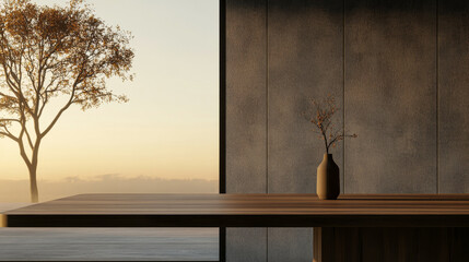 Minimalistic interior with a vase and a scenic view of a tree at sunset in a modern setting