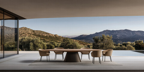 Modern outdoor dining area with scenic mountain view at sunset in a contemporary home