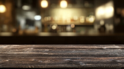 A smooth, warm restaurant background with an empty wooden tabletop, ideal for food-related designs and restaurant advertising