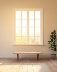 Fototapeta premium Bright and airy interior space with a wooden bench and a potted plant near a large window