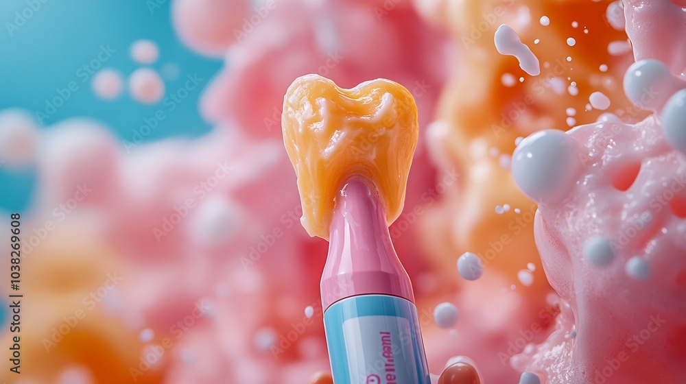 Poster dynamic image showing toothpaste tube ejecting playful toothshaped dollop of paste representing brus