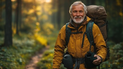 Fototapeta premium Active Senior: Happy Hiker Enjoys Nature Trail in Golden Sunlight