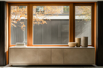 Modern interior design with large windows showcasing autumn foliage in a serene setting