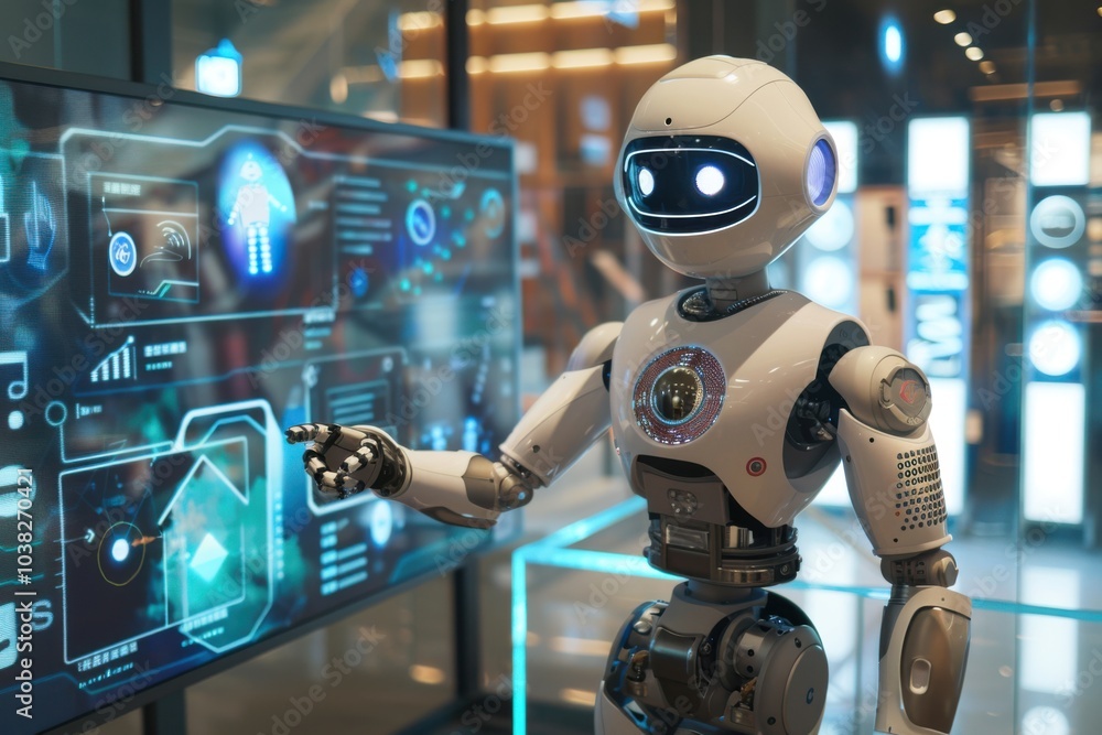 Poster A humanoid robot interacting with a touchscreen display in a modern tech showroom, showcasing advanced AI capabilities with vibrant graphics around it