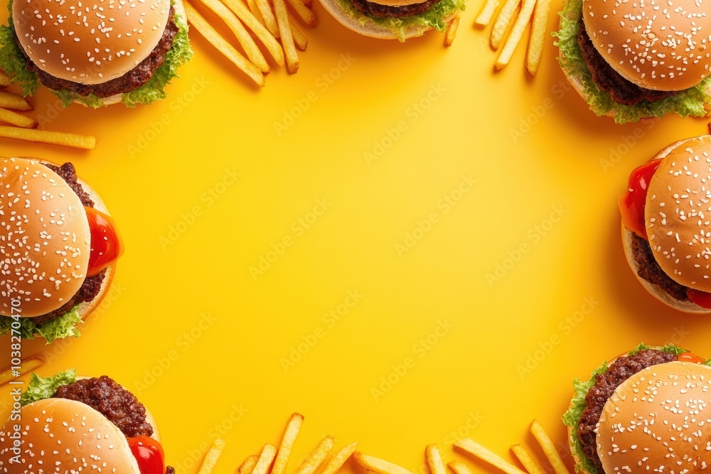 Poster colorful burgers and golden fries are artistically placed at the edges, creating space in the center
