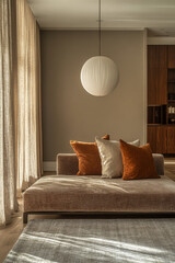 Cozy living room with modern decor and natural light streaming through sheer curtains in daylight