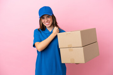 Delivery Italian woman isolated on pink background celebrating a victory