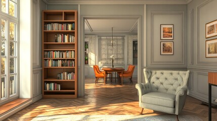 Fototapeta premium A living room with a bookshelf, an upholstered armchair, and a door leading to a dining room