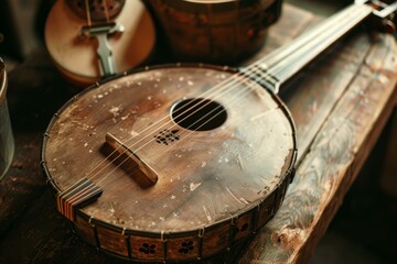 Naklejka premium Close up of an old, worn banjo resting on a rustic wooden surface, showcasing its aged beauty and craftsmanship