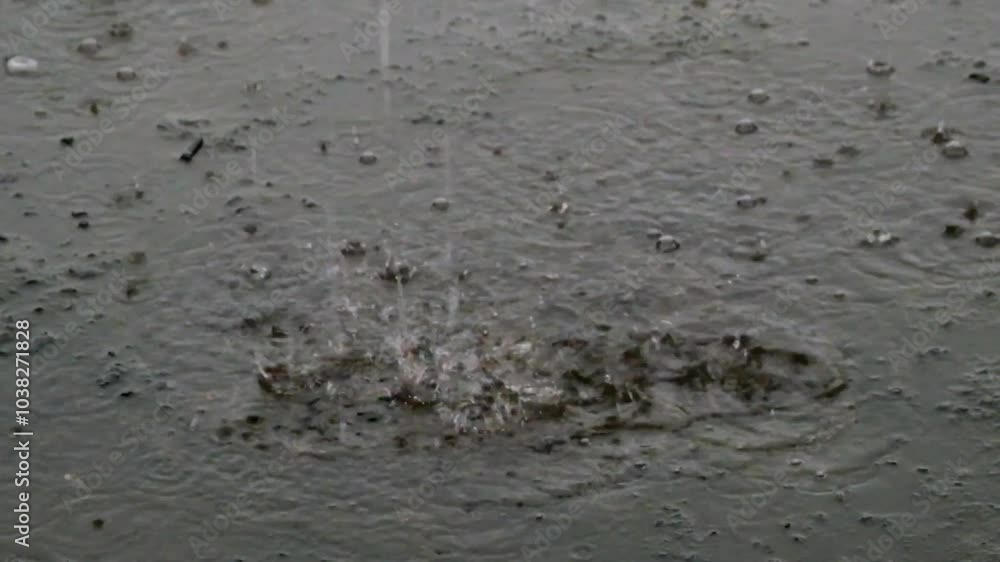 Poster raindrops falling from the roof of the house. water splashes with abstract shapes, patterns and text