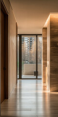 Obraz premium Modern corridor with wooden walls and large windows overlooking a serene outdoor space