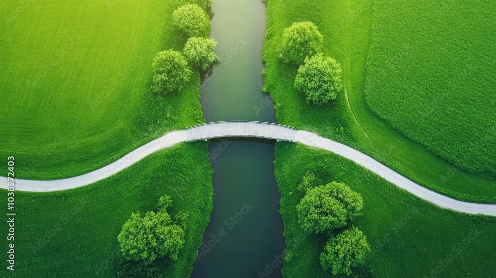 Wall mural a bridge spanning a flowing river, connecting two sides of a vast, open field.