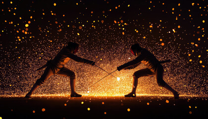 Two fencers engage in an intense duel, their swords clashing amidst a shower of sparks, illustrating the beauty and energy of competitive fencing in a mesmerizing display.