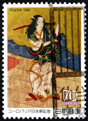 Postage stamp Japan 1989 detail of Okuni Theatre, painting on folding screen