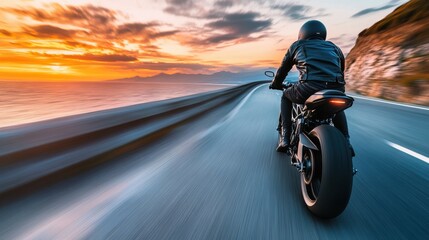 A man riding a matte black racing bike at high speed along a winding coastal highway, wind sweeping his jacket back, motion blur from the rushing sea and road, sunset glow on the horizon, cinematic