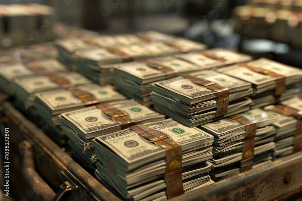 Poster numerous stacks of us dollar bills are neatly arranged in a metal container, creating an image of ab