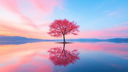 A serene lake reflecting the colors of a sunset sky, showcasing the tranquility of nature.