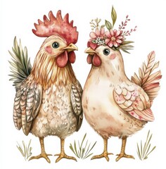 Fototapeta premium A charming rooster and hen adorned with floral accents in a whimsical garden setting