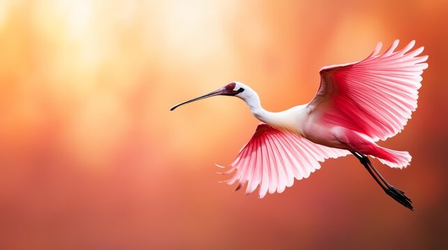 Roseate spoonbill in flight against a colorful, blurred background.
