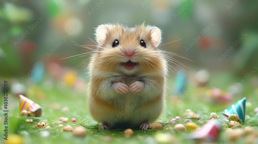 Aufkleber Fluffy hamster exploring a bright green background with tiny party hats and treats scattered around creating a fun atmosphere for a cute birthday card design with copy space for text