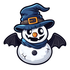 Playful snowman wearing a witch hat and bat wings, perfect for Halloween-themed designs. Isolated on transparent background.