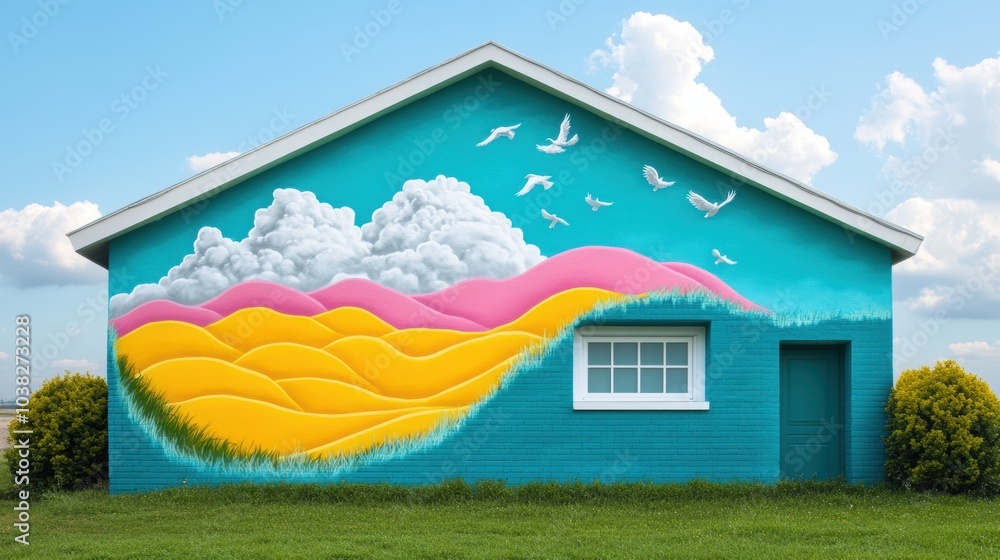 Poster a surreal graffiti mural on a building, showcasing the skillful use of colors and techniques, creati
