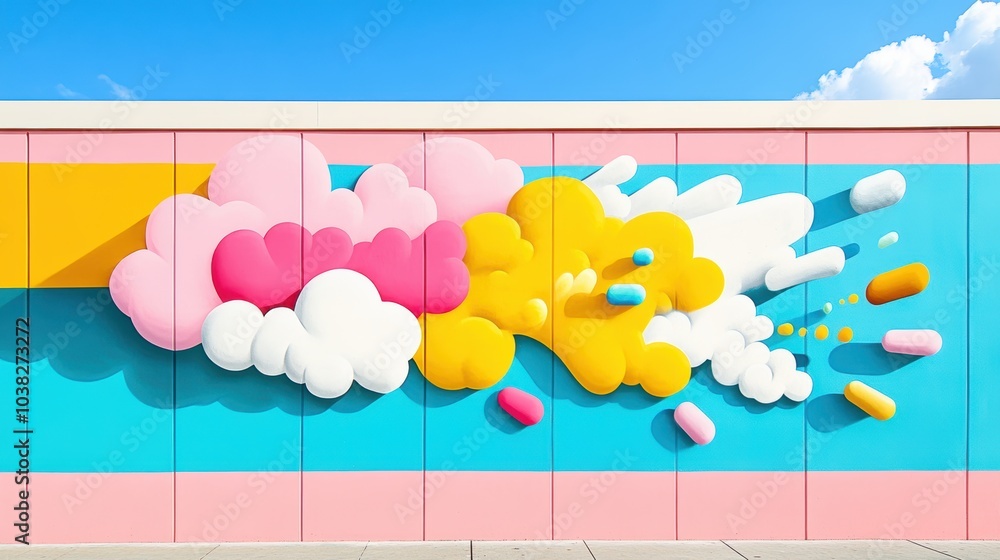 Poster a surreal graffiti mural on a building, depicting a scene with a sense of movement and flow, with me