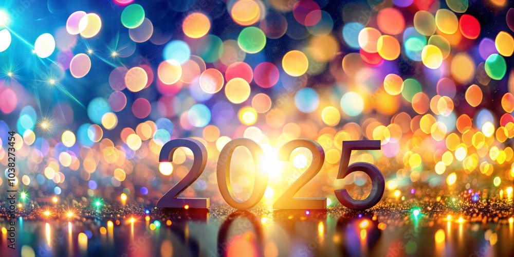 Poster glowing 2025 in bright lights with bokeh background - celebrate new year with festive vibes and shim