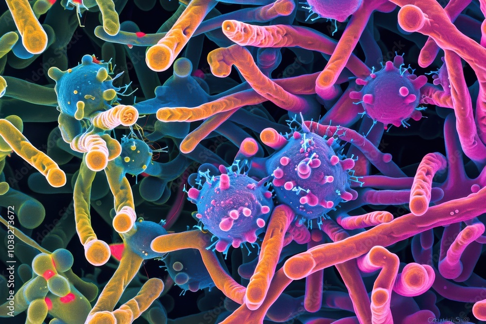 Poster a microscopic view of bacterial spore formation, capturing the transition from vegetative cells to e