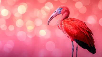 Scarlet ibis standing gracefully against a pink bokeh background.