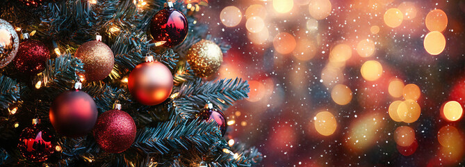 Christmas tree with amazing baubles for Merry Christmas celebration. Front view. Panoramic banner with place for text