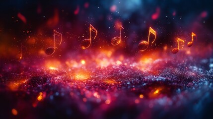 Fototapeta premium Musical notes and instruments float in the air above the concert venue