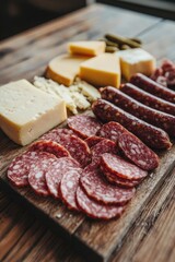 sausage and cheese slices on a board. selective focus