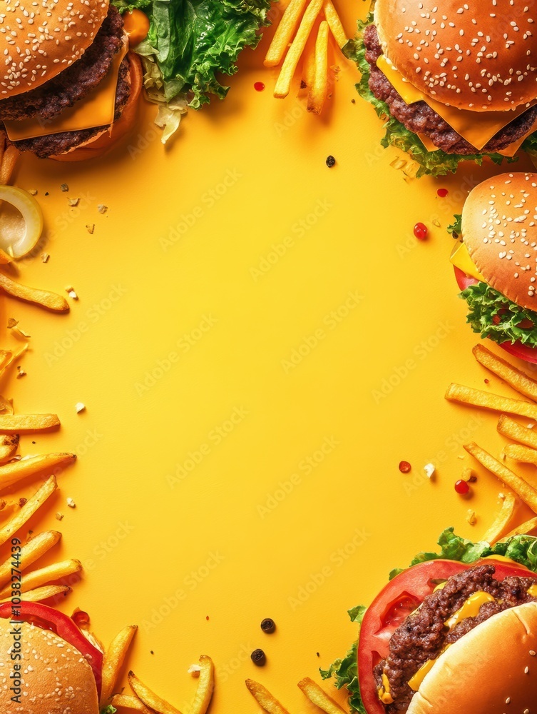 Poster colorful burgers and crispy fries create a vibrant border inviting text in the center, ideal for men