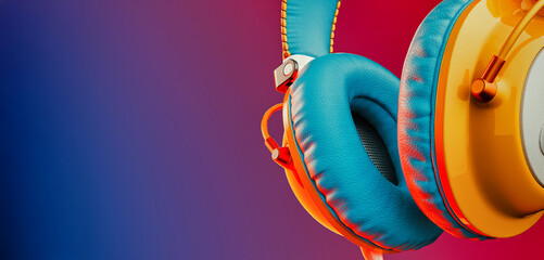 Close-up of retro-style over-ear headphones with an orange cushion and blue design, with a detached audio jack on a blue background.