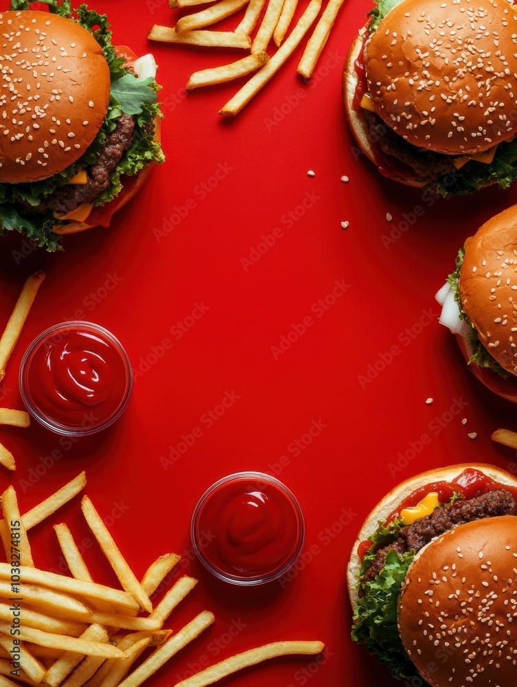 Poster colorful burgers and crispy fries are artistically placed, creating an inviting space for messaging 
