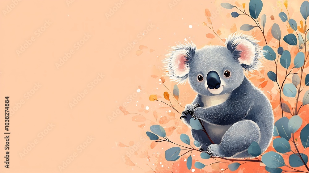 Aufkleber friendly koala on a cheerful peach background snuggling a eucalyptus branch surrounded by playful el