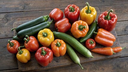 A vibrant still life of fresh vegetables including ripe tomatoes, bell peppers, and carrots, arranged on a rustic wooden table, with soft natural light highlighting their colors.