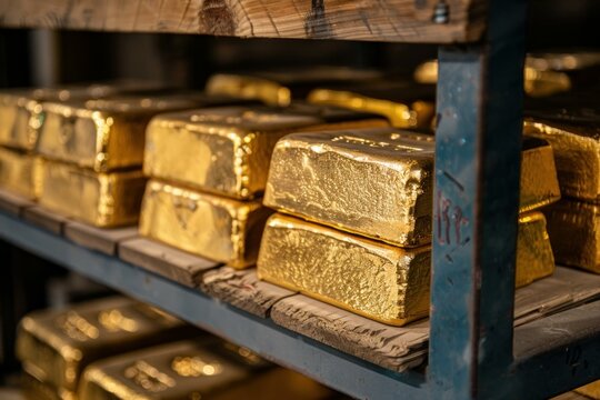Large gold bars are stacked on a shelf in a vault, gleaming under spotlights - Powered by Adobe