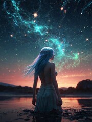Illustration of a girl with sky blue hair under starlight