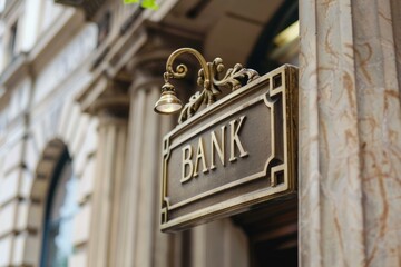 Fototapeta premium Ornate golden bank sign is hanging next to a vintage bell on a marble building facade